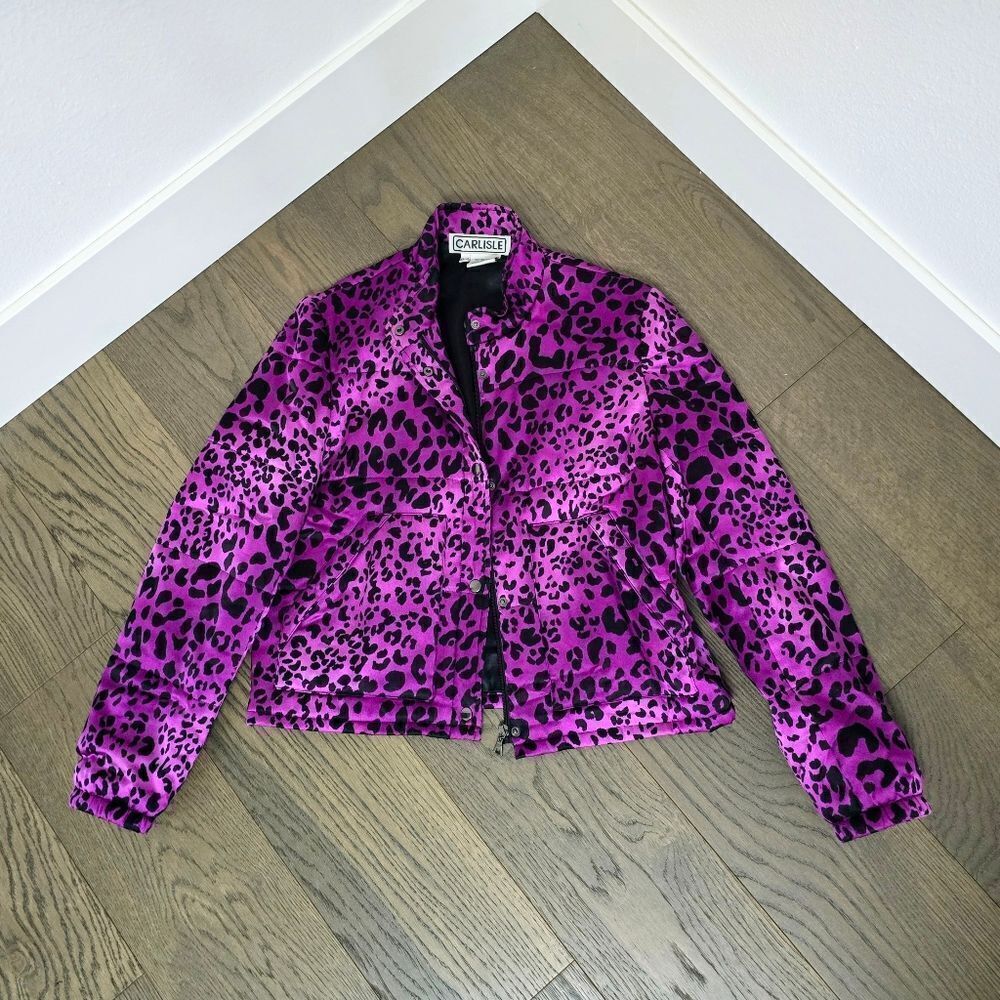 Carlisle Collection Silk Stand Collar Jacket in Fushica Pink Leopard Print